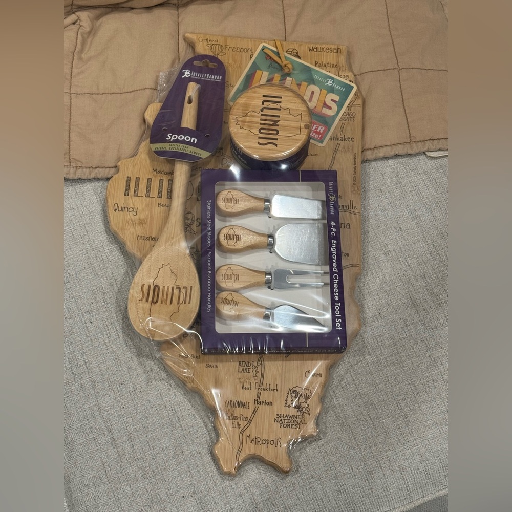 Illinois Shape Cutting Charcuterie Board Tools Spoon Salt Box Totally Bamboo